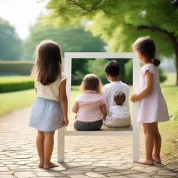 A back view of a girl looking at a family photograph