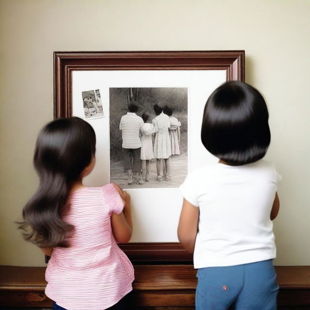 A back view of a girl looking at a family photograph