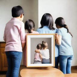 A back view of a girl looking at a family photograph