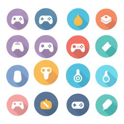 A set of fun and colorful game icons featuring classic symbols such as joysticks, gamepads, coins, trophies, and pixelated characters.