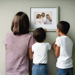 A back view of a girl looking at a family photograph