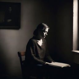 A lady looking sadly at a photograph of a young man while she is alone in a dark room