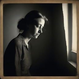 A lady looking sadly at a photograph of a young man while she is alone in a dark room