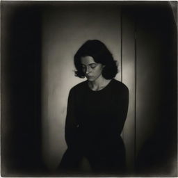 A lady looking sadly at a photograph of a young man while she is alone in a dark room