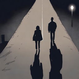 A high-angle back view of a man in his 20s walking away from a woman in her 20s on a dark road