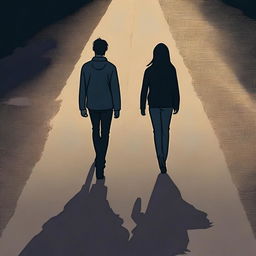 A high-angle back view of a man in his 20s walking away from a woman in her 20s on a dark road