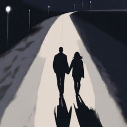 A high-angle back view of a man in his 20s walking away from a woman in her 20s on a dark road