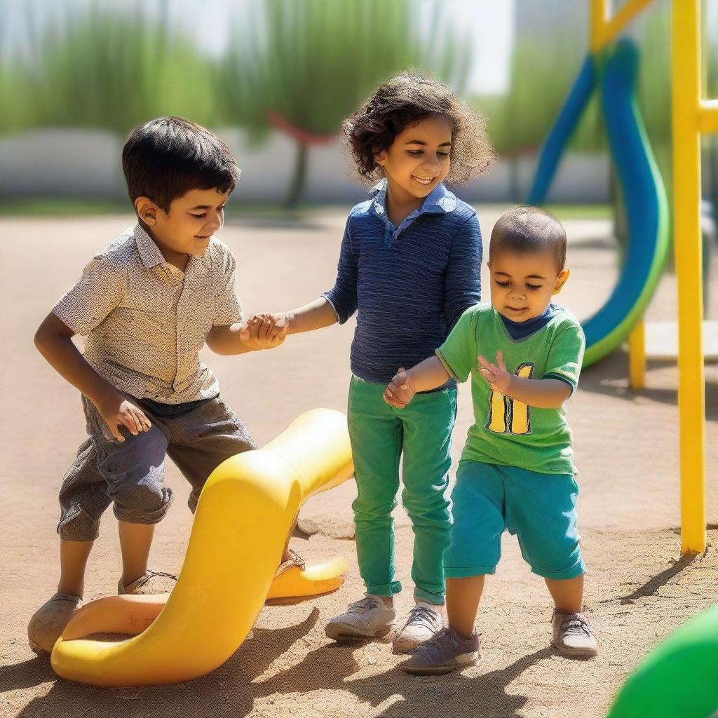 After Mohammad, who is 11 years old, and Michelle, who is 10 years old, helped 2-year-old Luke with his scraped knee, they all returned to playing happily in the warm sunshine