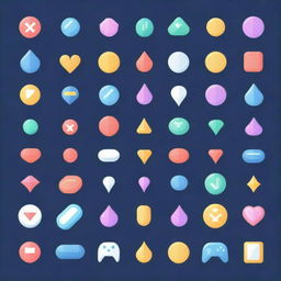 A set of fun and colorful game icons featuring classic symbols such as joysticks, gamepads, coins, trophies, and pixelated characters.