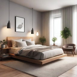 A cozy and modern room design with a comfortable bed, stylish furniture, and ambient lighting