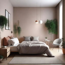 A cozy and modern room design with a comfortable bed, stylish furniture, and ambient lighting