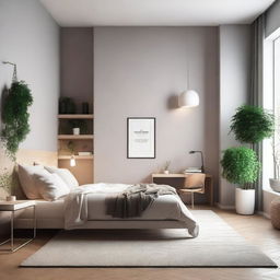 A cozy and modern room design with a comfortable bed, stylish furniture, and ambient lighting