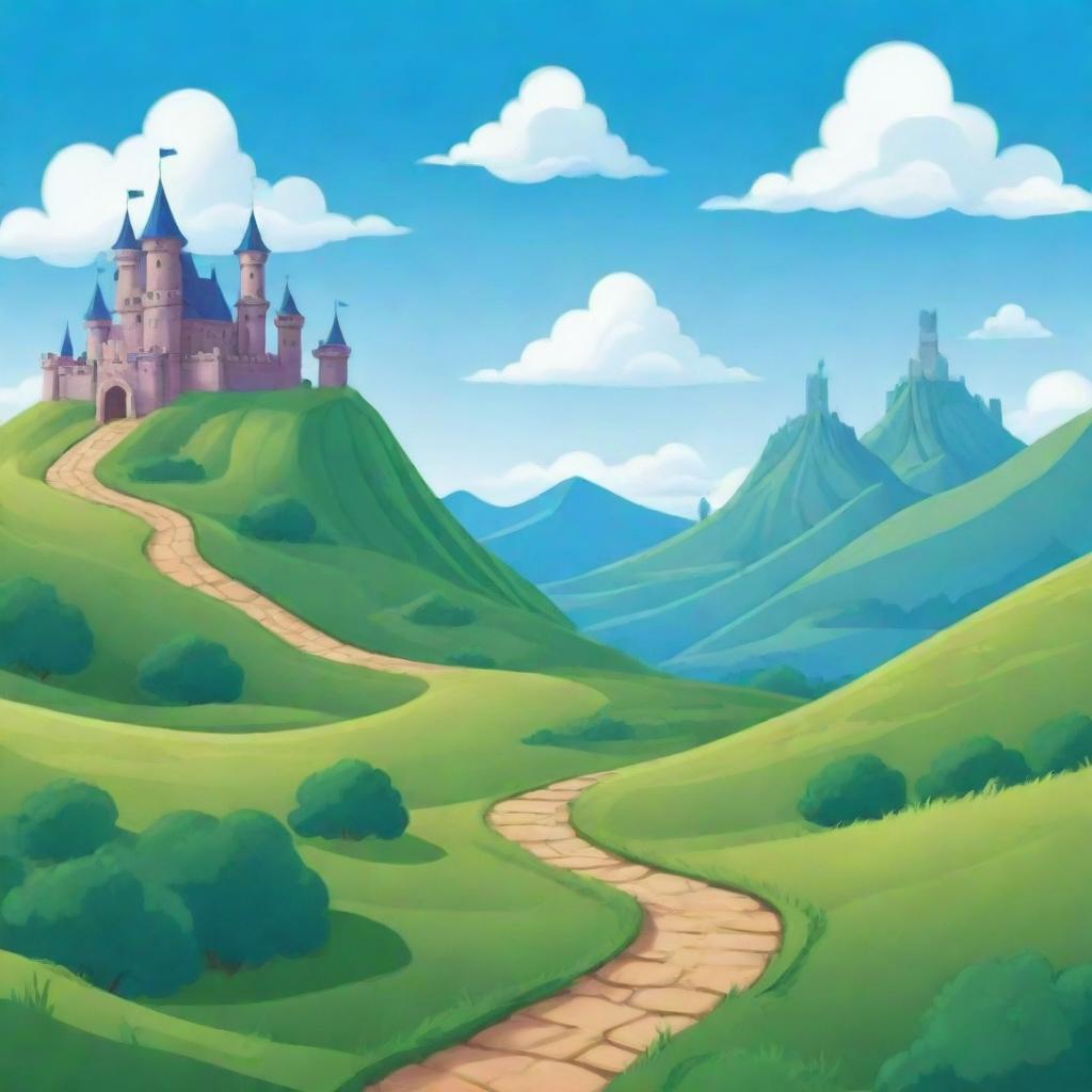 A vibrant and playful 2D cartoon game background with rolling green hills, bright blue skies, fluffy clouds, a distant castle, and a winding path.