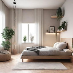 A cozy and modern room design with a comfortable bed, stylish furniture, and ambient lighting