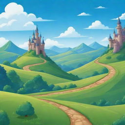 A vibrant and playful 2D cartoon game background with rolling green hills, bright blue skies, fluffy clouds, a distant castle, and a winding path.