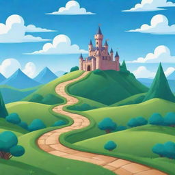 A vibrant and playful 2D cartoon game background with rolling green hills, bright blue skies, fluffy clouds, a distant castle, and a winding path.