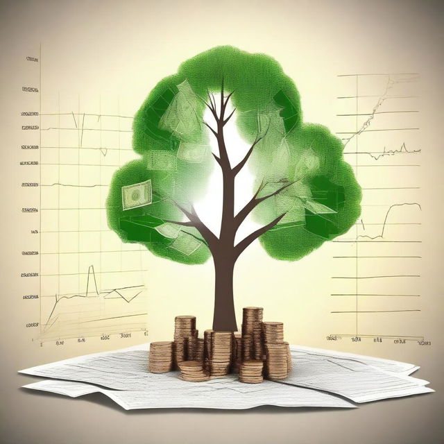 A simple tree with money growing on its branches, surrounded by economics charts and graphs