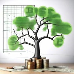 A simple tree with money growing on its branches, surrounded by economics charts and graphs