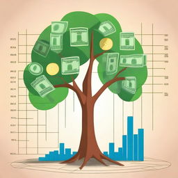 A simple tree with money growing on its branches, surrounded by economics charts and graphs