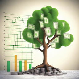 A simple tree with money growing on its branches, surrounded by economics charts and graphs