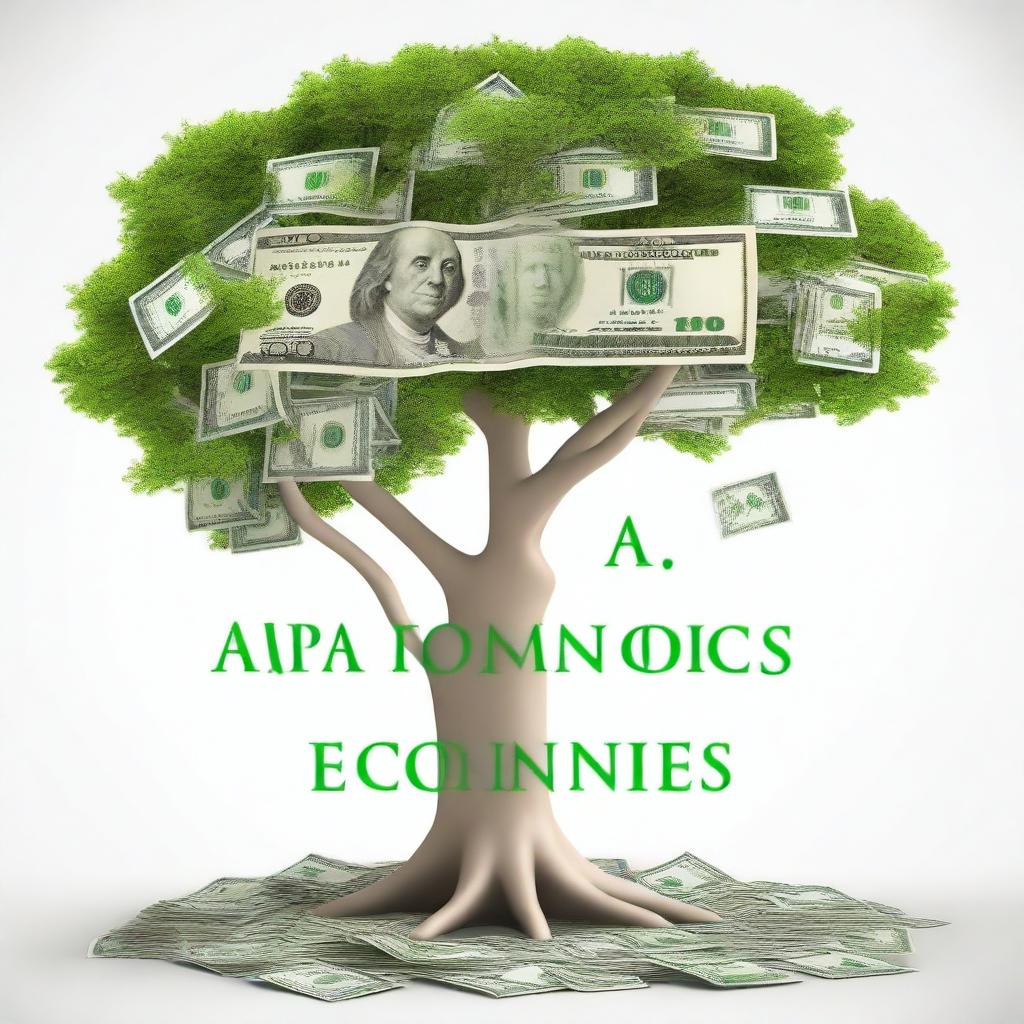 The words 'AP ECONOMICS' under a tree blossoming with money and economics graphs on a white background