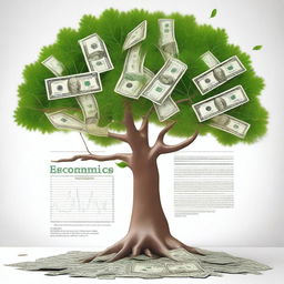 The words 'AP ECONOMICS' under a tree blossoming with money and economics graphs on a white background