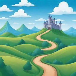 A vibrant and playful 2D cartoon game background with rolling green hills, bright blue skies, fluffy clouds, a distant castle, and a winding path.