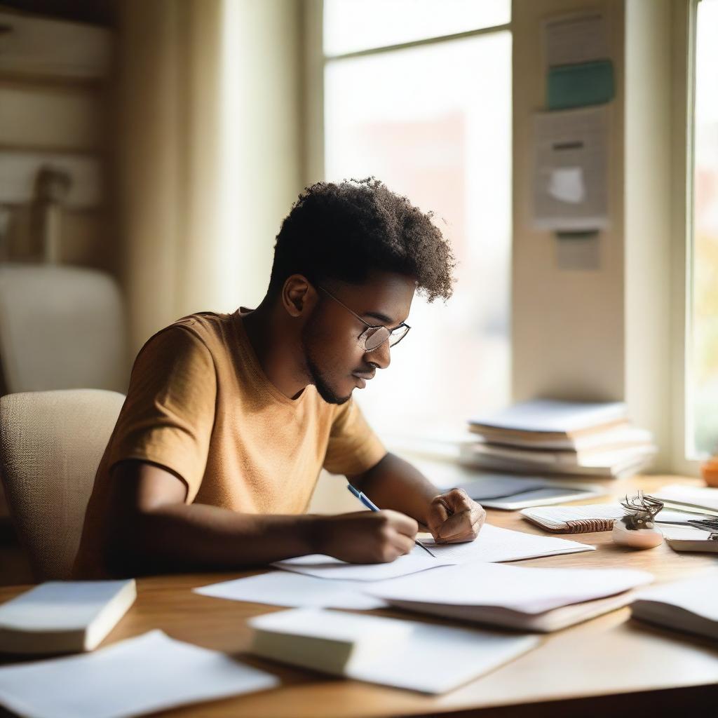 A person sitting at a desk, writing an essay carefully with a focused expression