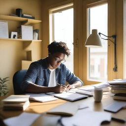 A person sitting at a desk, writing an essay carefully with a focused expression