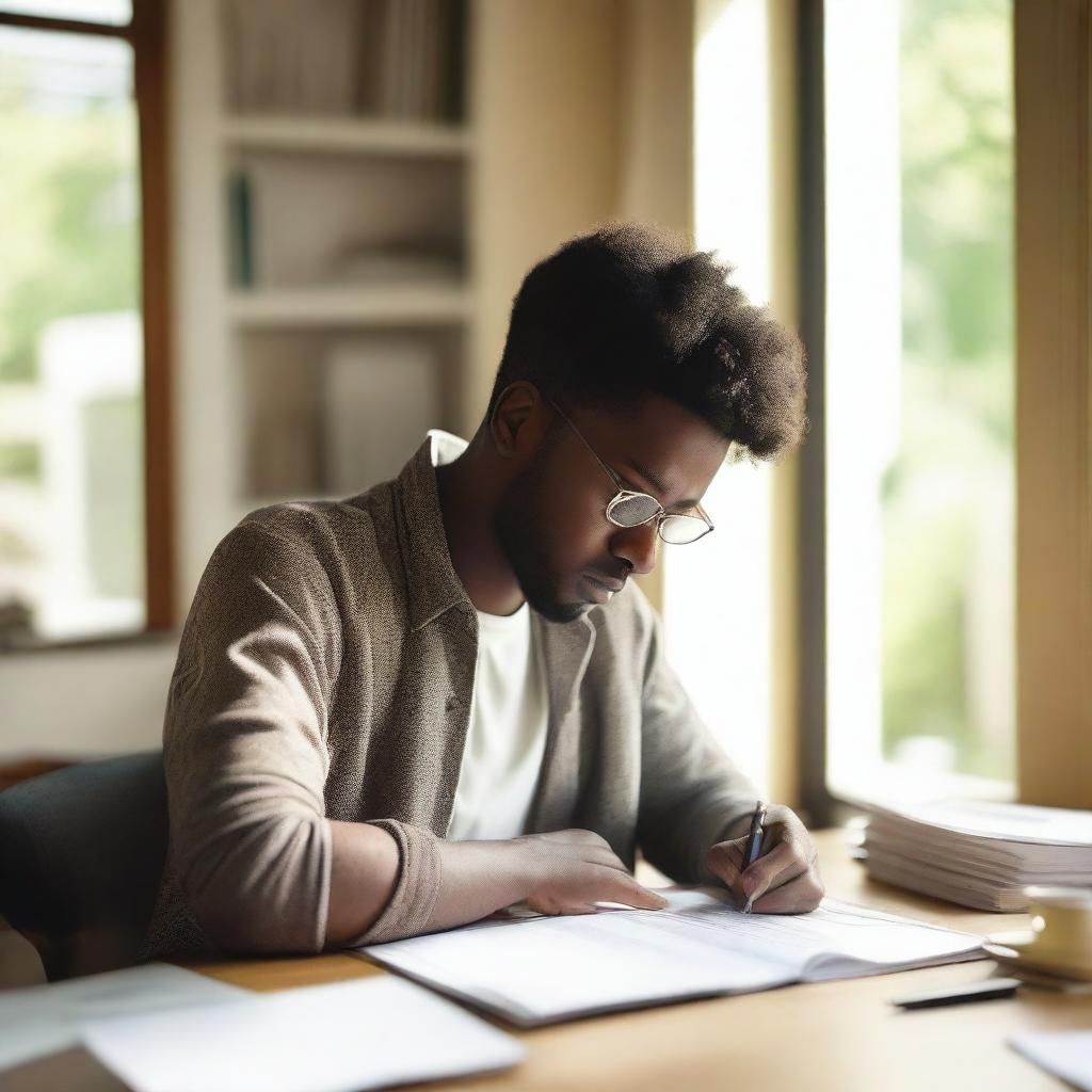 A person sitting at a desk, writing an essay carefully with a focused expression