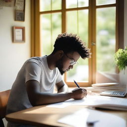 A person sitting at a desk, writing an essay carefully with a focused expression