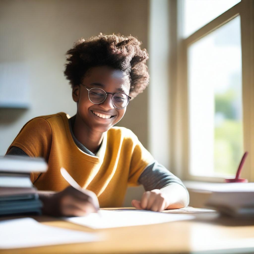 A happy student writing an essay carefully at a desk