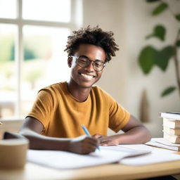 A happy student writing an essay carefully at a desk