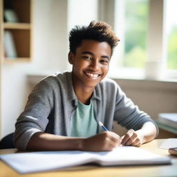 A happy student writing an essay carefully at a desk