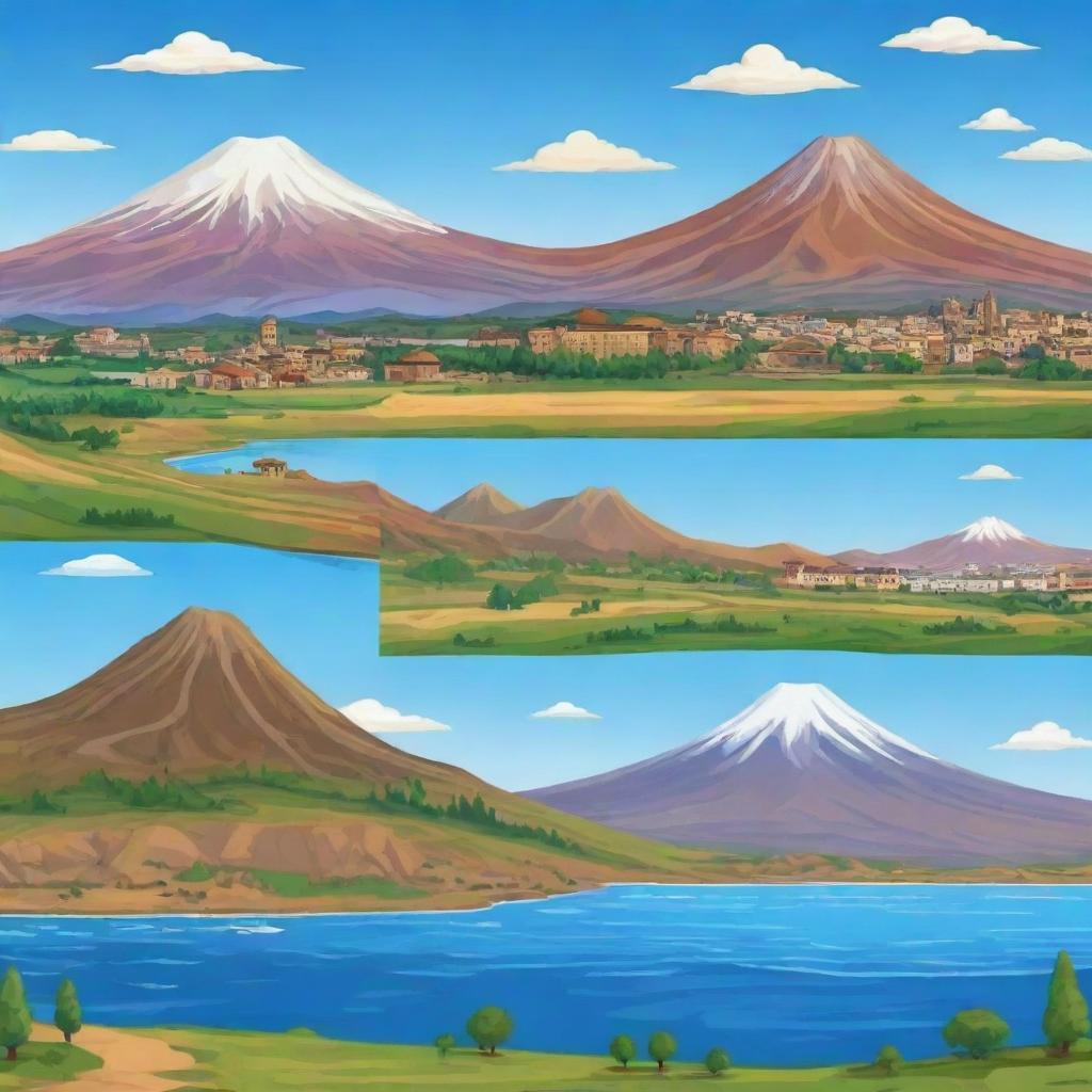 A cartoon game background featuring beautiful landscapes of Armenia. Include iconic landmarks like Mount Ararat, Khor Virap, and the picturesque Sevan Lake.