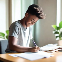 A happy student writing an essay carefully at a desk