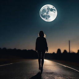 A back view low-angle shot of a young woman walking in darkness on a road