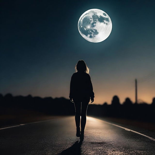 A back view low-angle shot of a young woman walking in darkness on a road