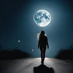 A back view low-angle shot of a young woman walking in darkness on a road