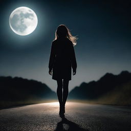 A back view low-angle shot of a young woman walking in darkness on a road