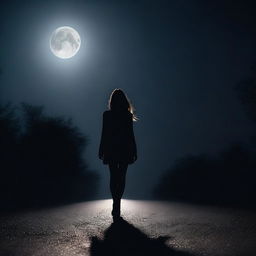 A back view low-angle shot of a young woman walking in darkness on a road