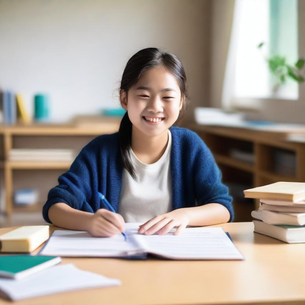 A happy Chinese student sitting at a desk, diligently writing an essay in English