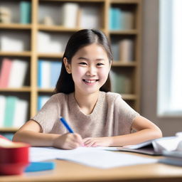 A happy Chinese student sitting at a desk, diligently writing an essay in English