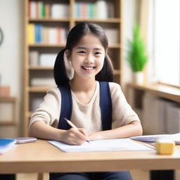 A happy Chinese student sitting at a desk, diligently writing an essay in English