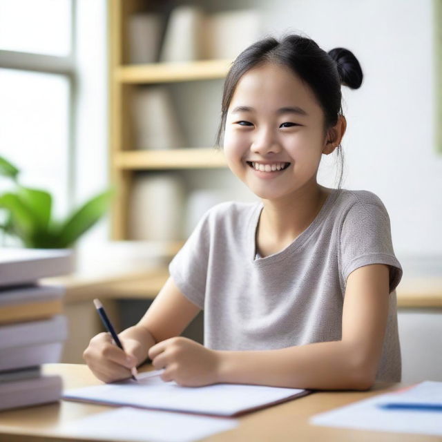 A happy Chinese student sitting at a desk, diligently writing an essay in English