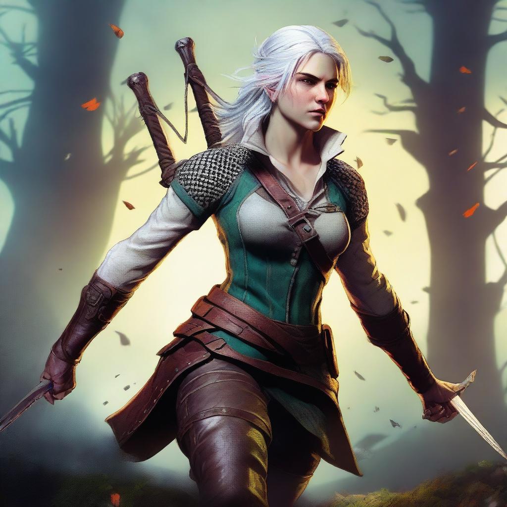 A detailed and vibrant illustration of Ciri from The Witcher series