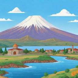 A cartoon game background featuring beautiful landscapes of Armenia. Include iconic landmarks like Mount Ararat, Khor Virap, and the picturesque Sevan Lake.