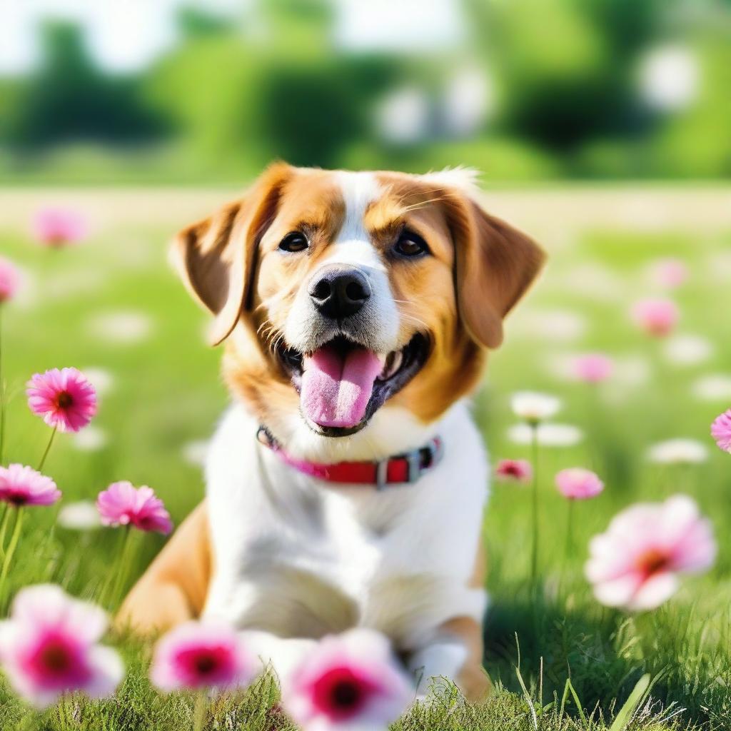 A cute and playful dog with a wagging tail, sitting in a sunny park with green grass and colorful flowers