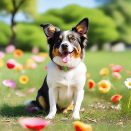 A cute and playful dog with a wagging tail, sitting in a sunny park with green grass and colorful flowers