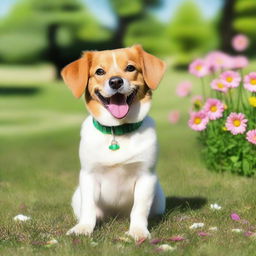 A cute and playful dog with a wagging tail, sitting in a sunny park with green grass and colorful flowers